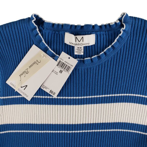 Magaschoni Blue White Stretchy Rib Knit Top Med Ruffle Edge Neck & Sleeves NWT - Picture 2 of 8